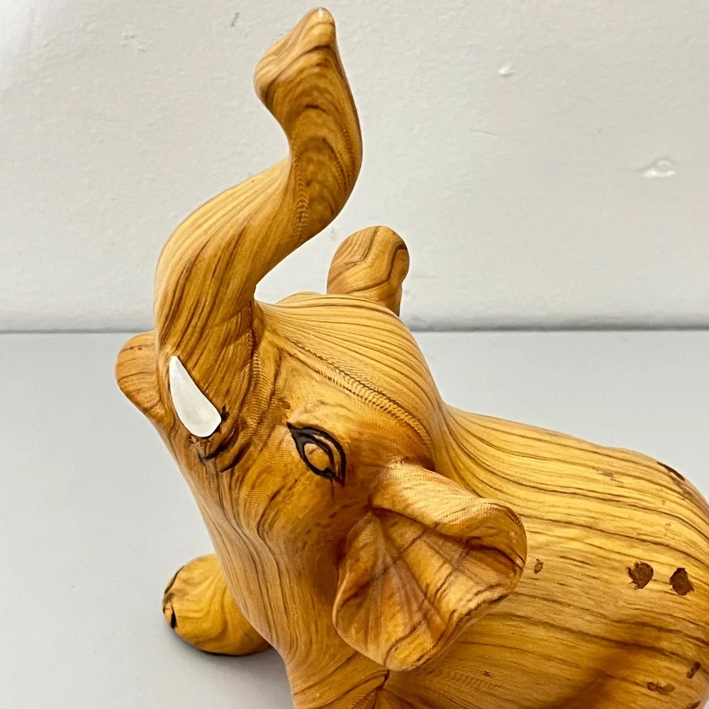 Vinatage Elephant Figurine Home Decor  Brown Faux Wood Grain Trunk Up Luck